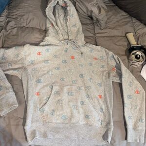 Champion Light Gray Hoodie with Blue and Red Accents